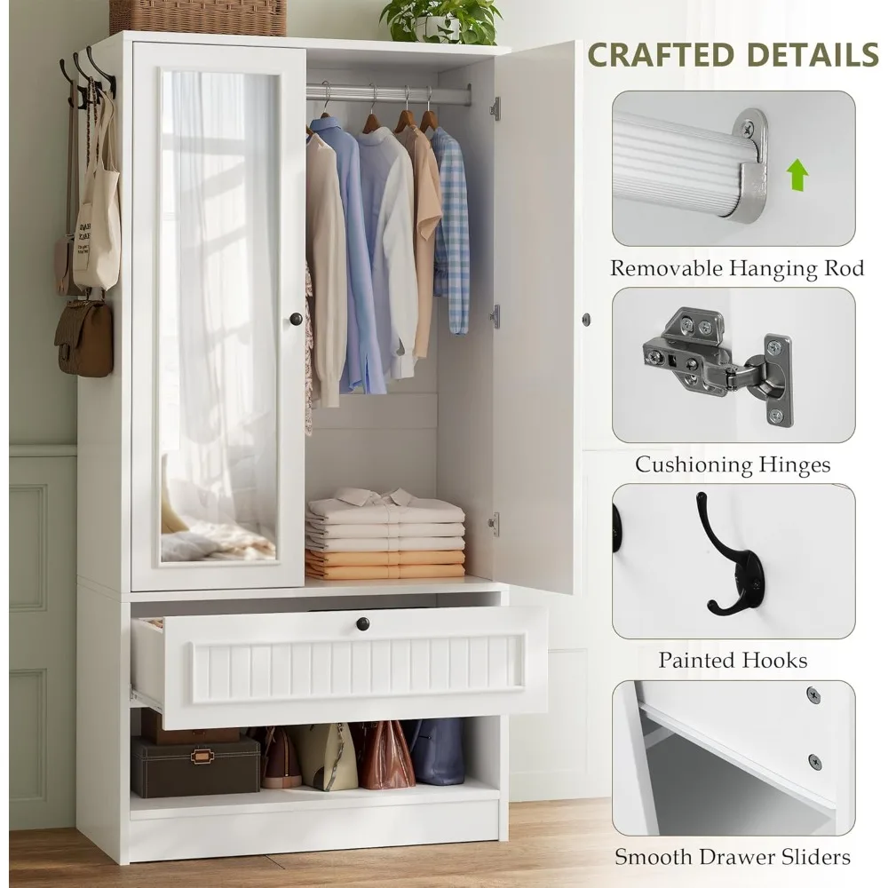 خزانة ملابس خشبية مع باب ودرج مرآة، خزانة تخزين لغرفة النوم ببابين لتعليق الملابس، باللون الأبيض #6