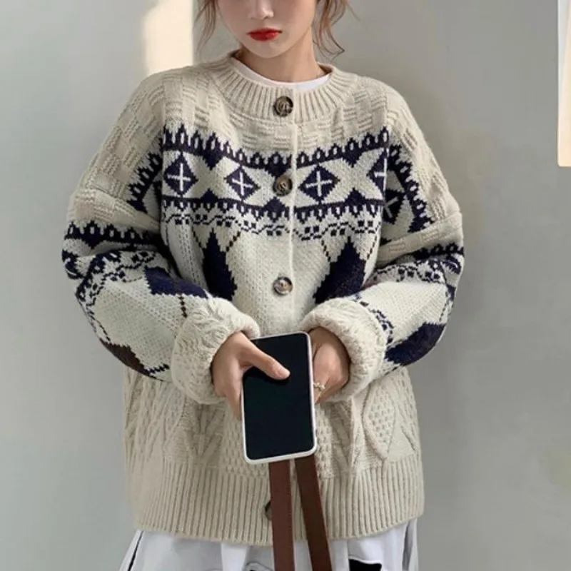 Fashion jacquard O-neck Long sleeve sweater Women Autumn Winter knitting Cardigan coat office Lady All-match trend knitting tops