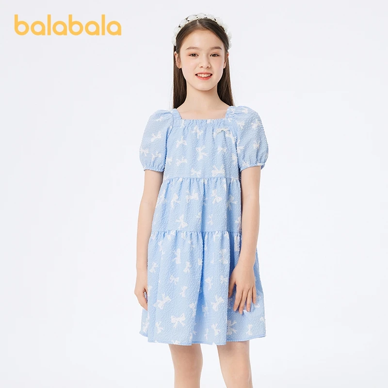 Balabala Dress Girls Children Denim Dress 2024 Summer New  Collection Sweet Bubble Sleeve for Older Girls