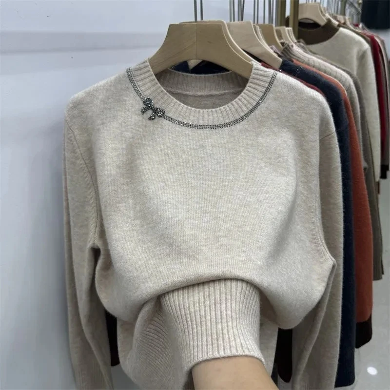 Sweater Women's Pullover 2025 Autumn Winter New Female Drilling Sweater Close-fitting Joker Bottoming With Ladies Knitted Tops