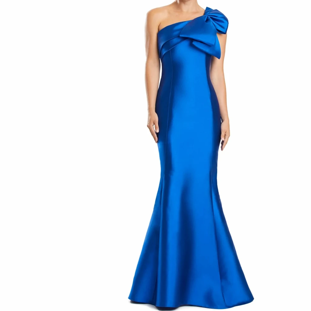 

Elegant Party Evening Dresses Woman Sweep Train Floor Length Satin Solid Color Mermaid Boat Neck Bow Sleeveless Bridesmaid Gown