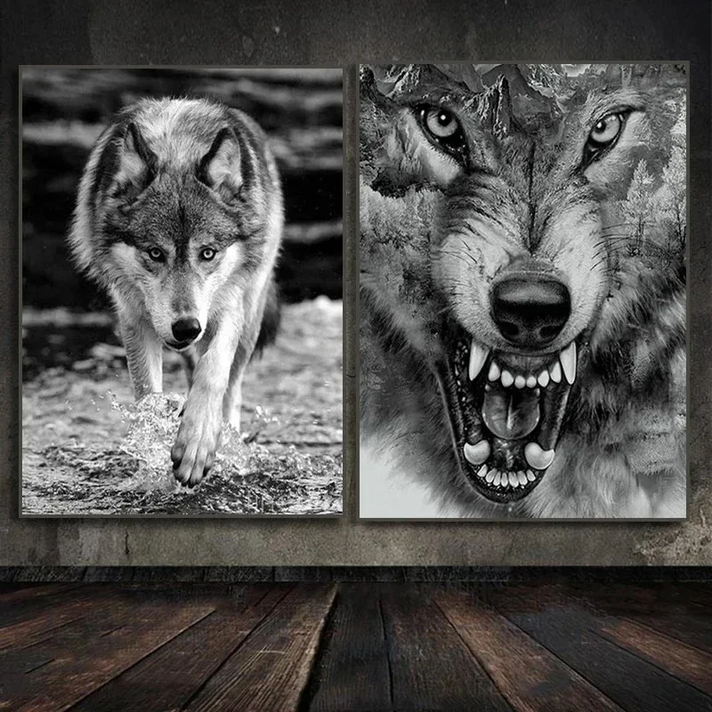 Black and White Forest Wolf Head Wall Art Wildlife Wolf Poster Oil Painting Decoration Painting Nordic Style Office Home Decor