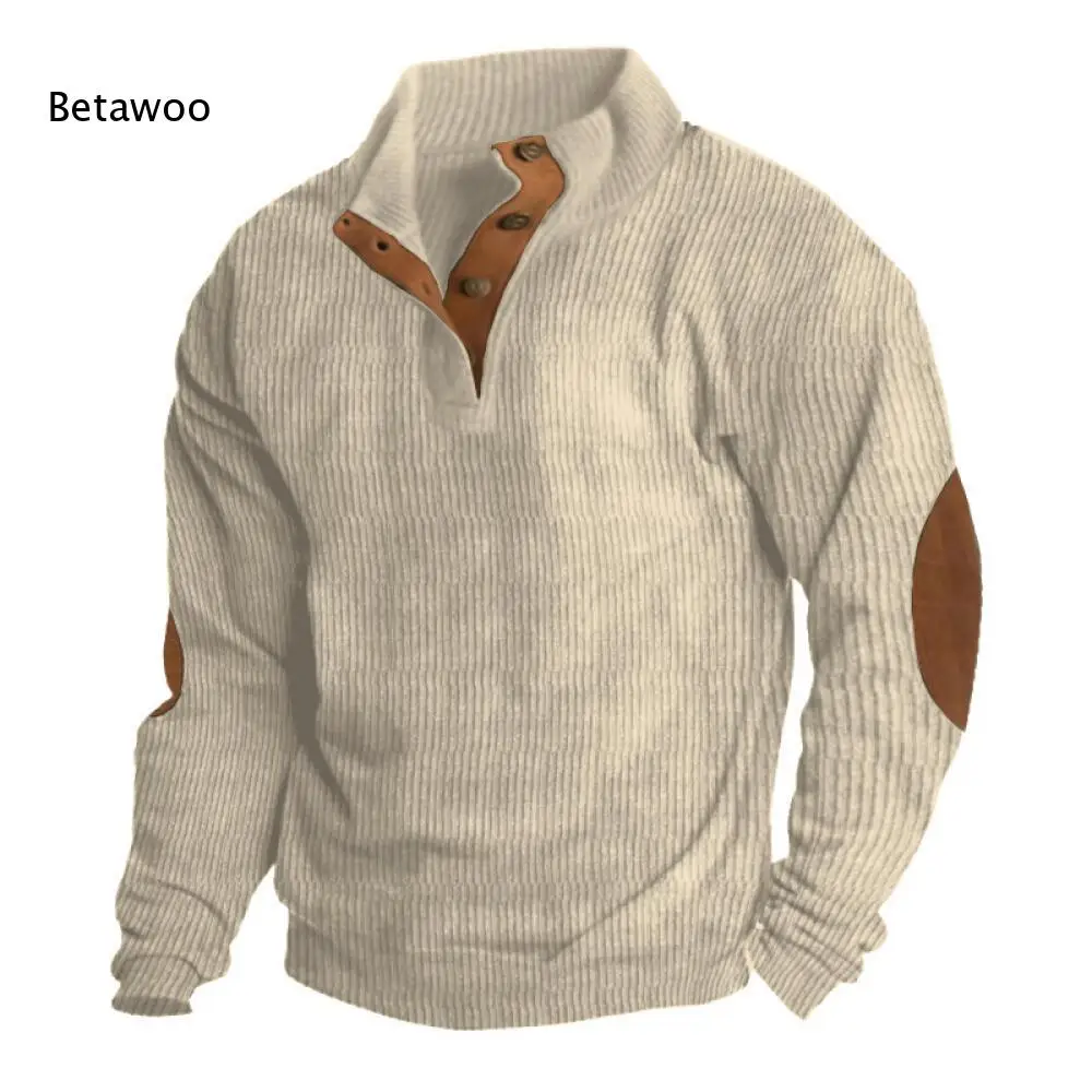 Stand Collar Button Knit Sweater For Men Elbow Patch Decoration Ribbed Long Sleeve Loose Pullover For Daily Outdoor Activity