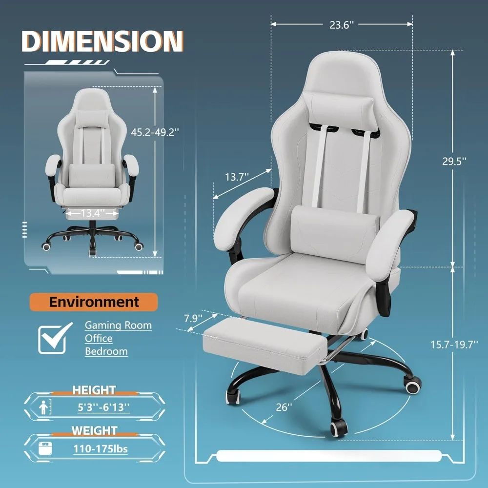 كرسي ألعاب مريح لدعم قطني للتدليك مع مسند قدم قابل للتعديل ومسند للرأس لجلسلات ألعاب الفيديو المريحة