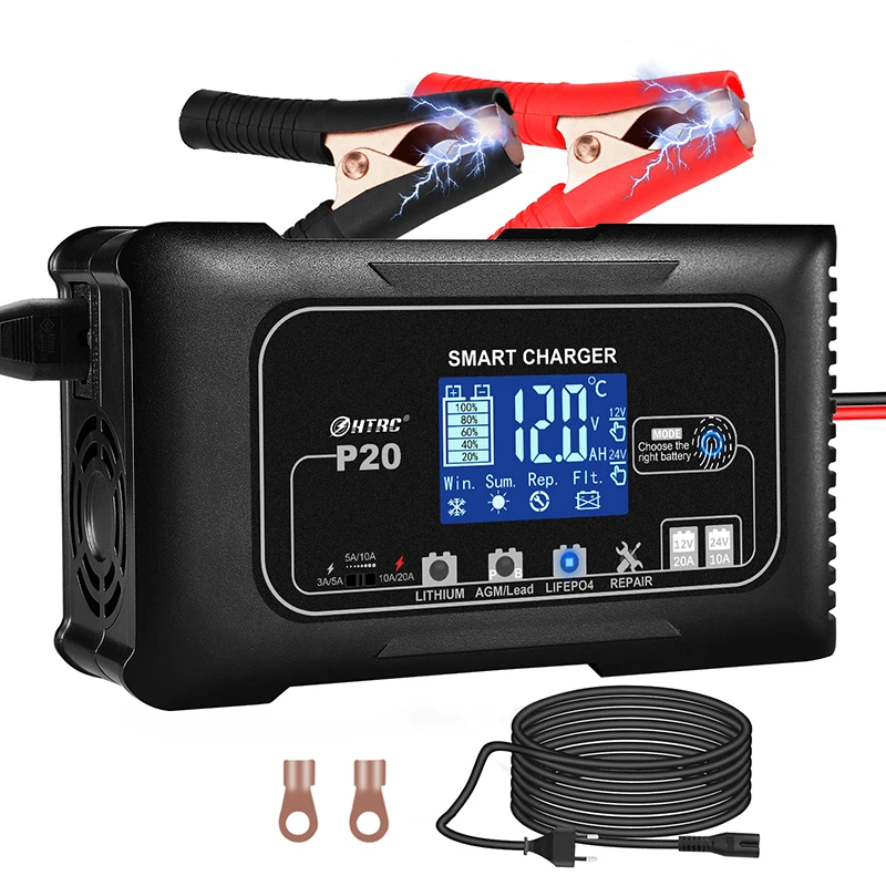 HTRC P20 Smart Battery Charger 20A 12V-24V for Car Motorcycle Auto Moto PD Repairing Lead Acid AGM Lithium LiFePo4 Batteries
