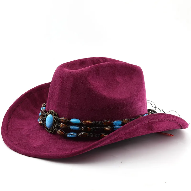 Western-Cowboyhut aus Wildleder zum Reiten für Männer und Frauen, Outdoor-Reisehut mit gerollter Krempe, Zylinderhut im Ethno-Stil, Filzhut – Detail 21