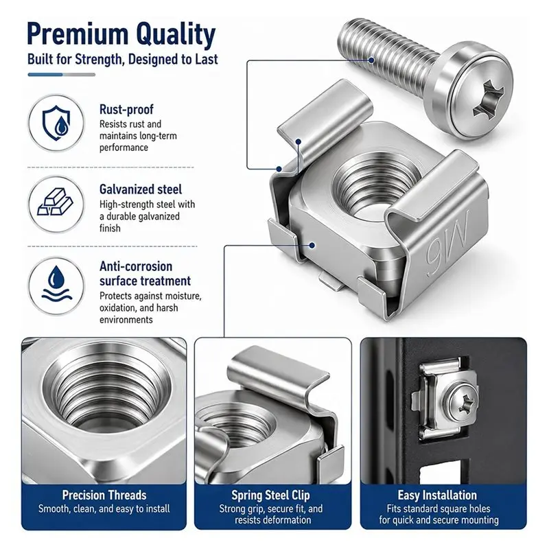 RMWIN-Cage Nuts Screws And Washers Kit- M6 X 20 Mm 100 Sets Rack Mount For Server Racks Cabinets
