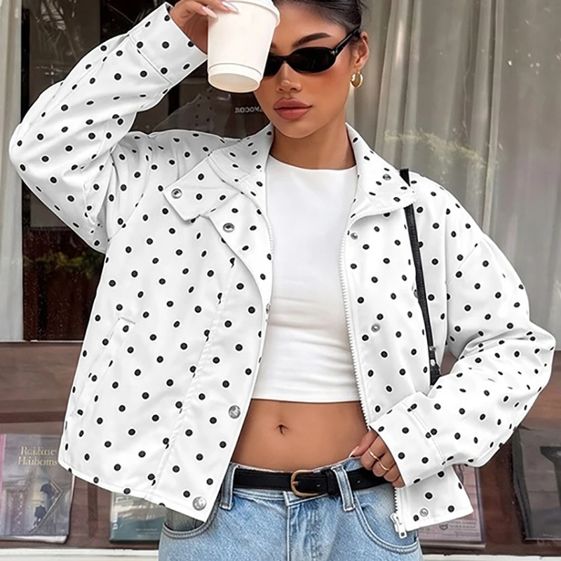 Fashion Lapel Polka Dot Jacket Elegant Long Sleeve Loose Zipper Commute Coat Autumn Winter New Women's Casual Sportwear Outfits