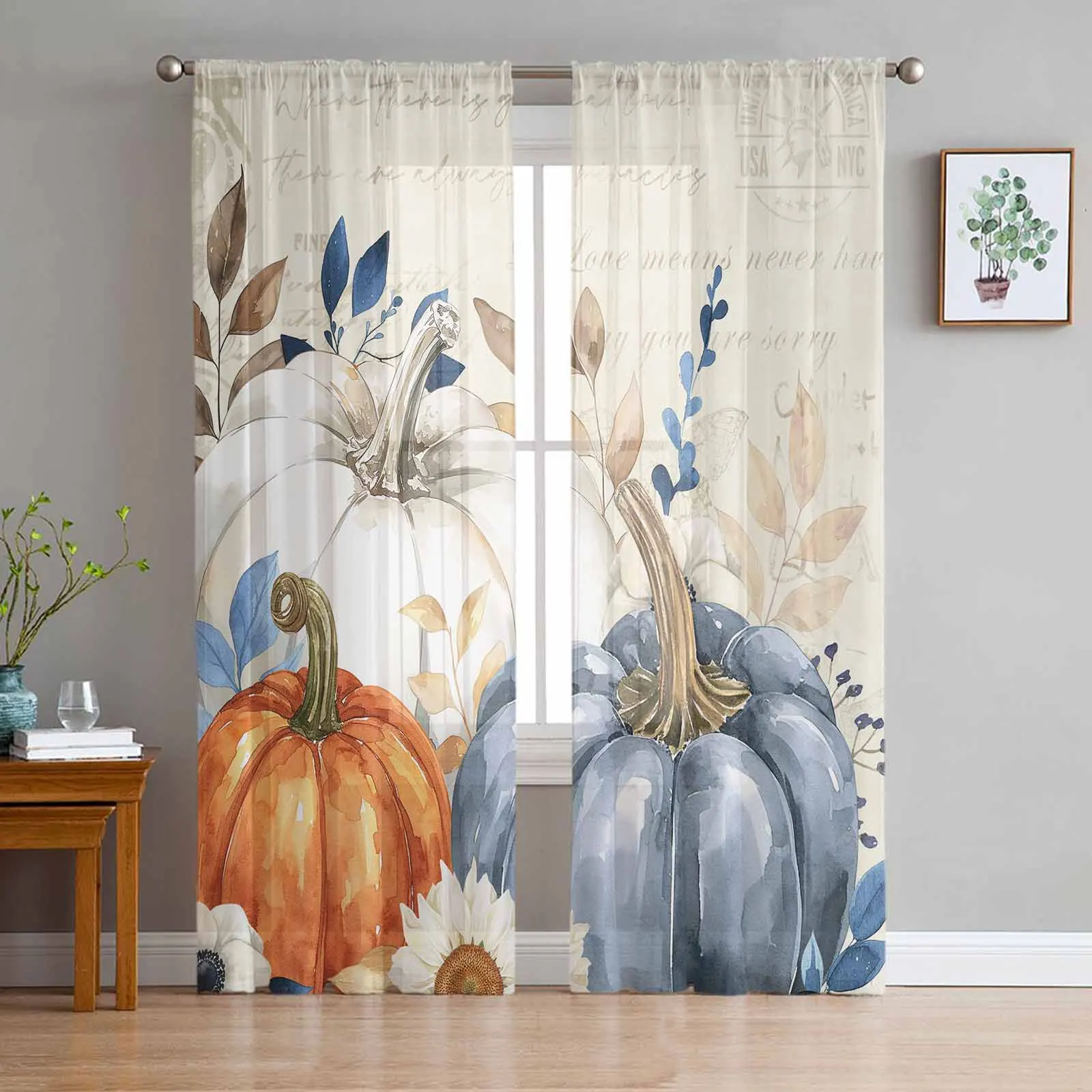 Thanksgiving Autumn Leaf Pumpkin Sheer Curtains for Living Room Bedroom Window Treatment Kitchen Chiffon Curtain