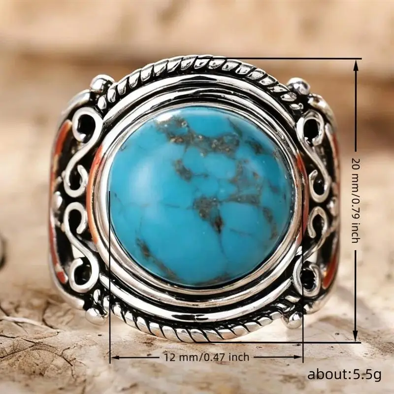 Huitan Vintage Women Two Tone Ring Inlaid Created Turquoise Bohemian Jewelry for Party Antique Elegant Statement Accessories