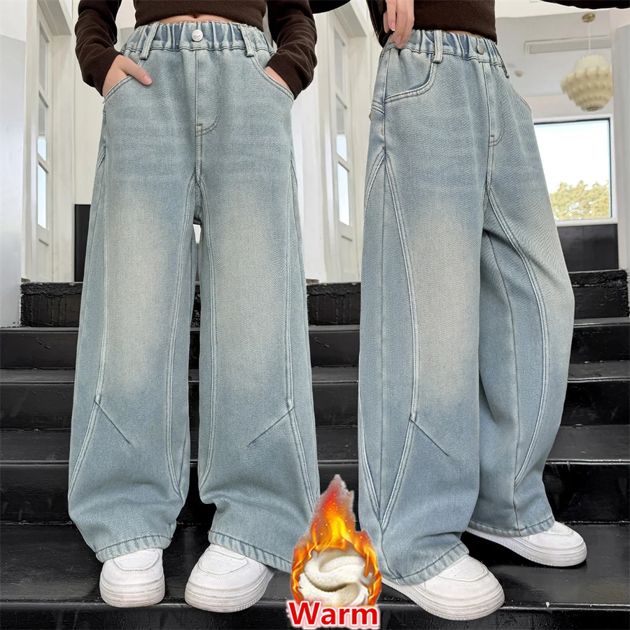 

Короткие стильные детские прямые зимние джинсы для девочек-подростков, школьные брюки с флисом, детские теплые классические синие джинсовые брюки