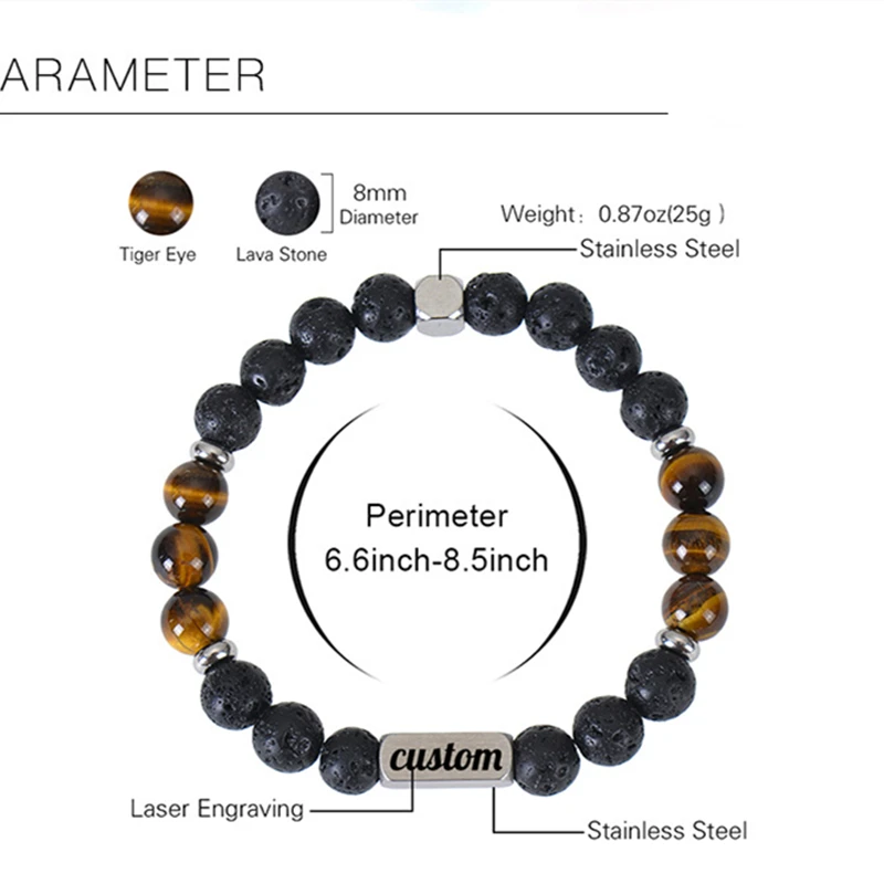 FTCY Stainless Steel Custom Name Beaded Bracelet Natural Volcanic Stone Tiger Eye Stone Laser Engraving Bracelet Couple Gifts