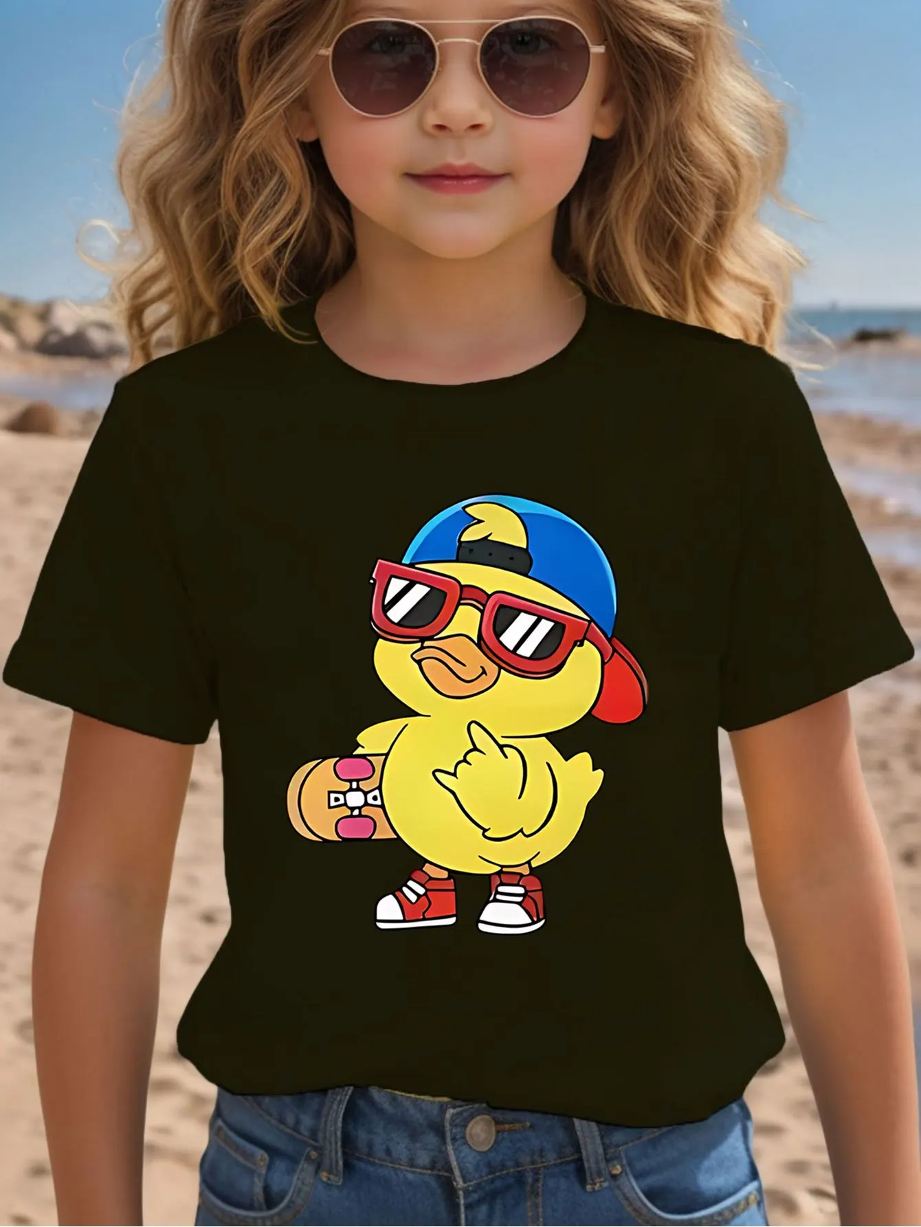Cool Skateboard Yellow Duck Cartoon Graphic Kids T Shirt Boys Girls Family Matching Parent Child Summer Crew Neck Casual Tee