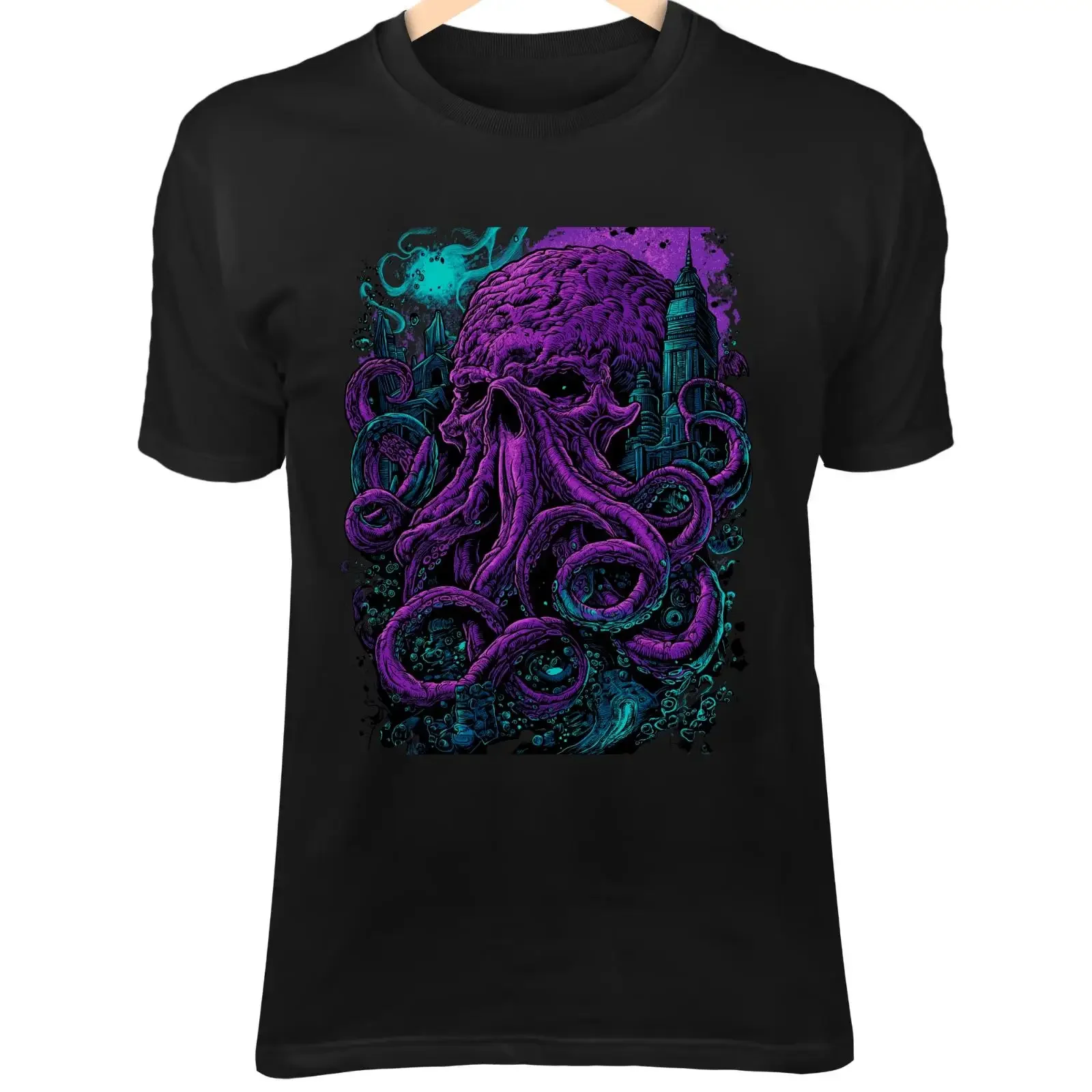 Skull Kraken T Shirt Coral Tentacles and Purple Glow Eyes vintage Washed Unisex designer clothes homme Casual Versatile graphic