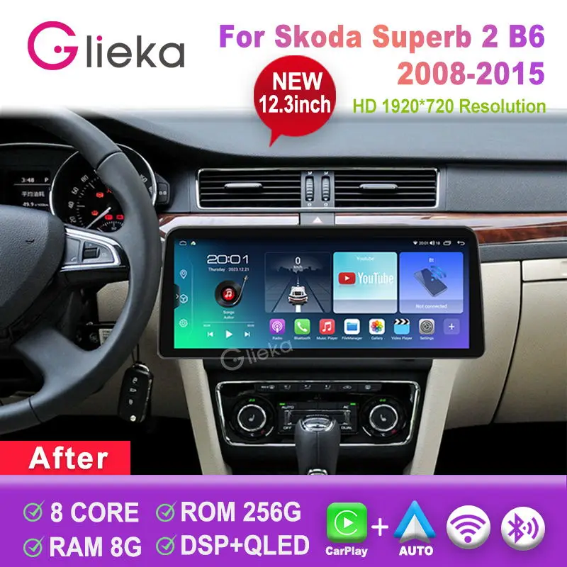 

12.3 inch Carplay Screen Android For Skoda Superb 2 B6 2008-2015 Car Radio Stereo Multimedia Player GPS Navigation Head Unit