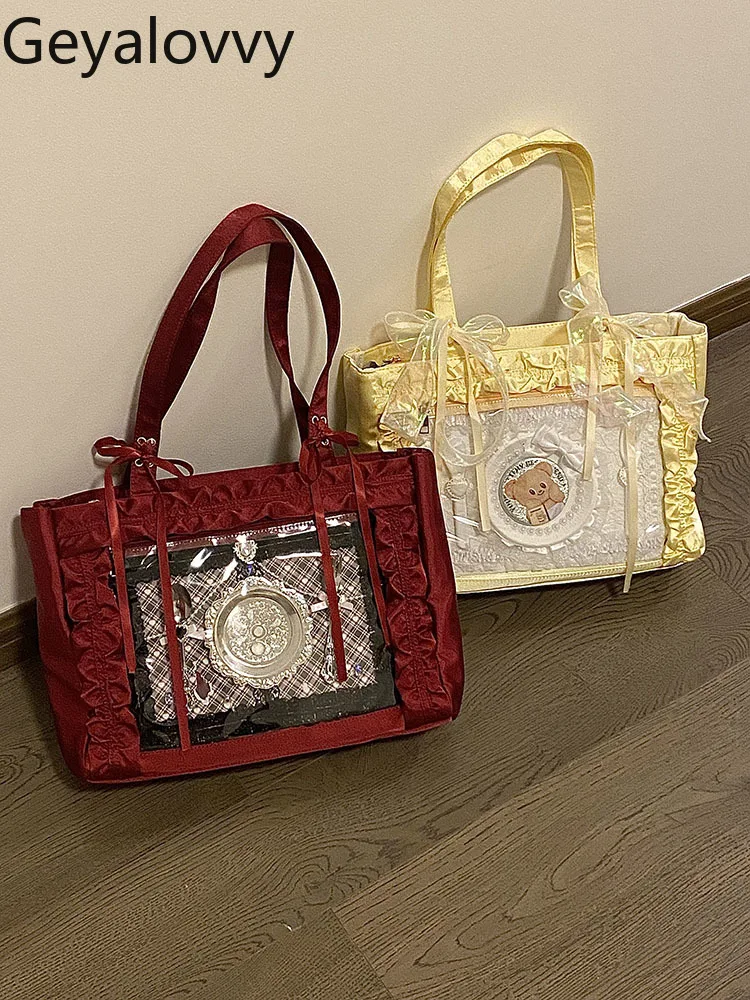 

Милые оригинальные женские сумки-тоут в стиле Лолиты с мятой лентой, большая повседневная вместительная сумка на плечо, повседневные сумки для женщин