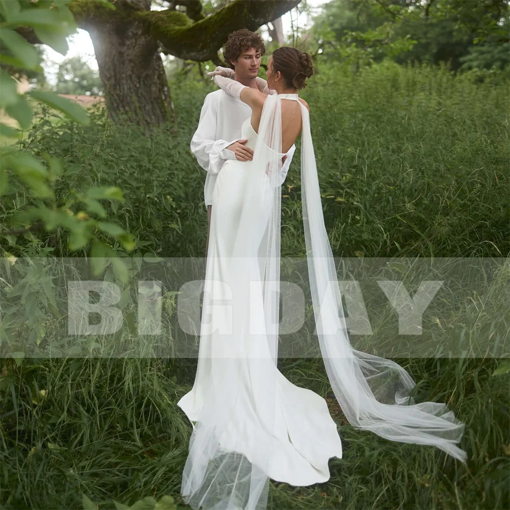 BIGDAY Abito da sposa sexy a sirena con pieghe Halter Fiore con spacco alto aperto sul retro Abito da sposa senza maniche Vestido De Noiva Personalizzato