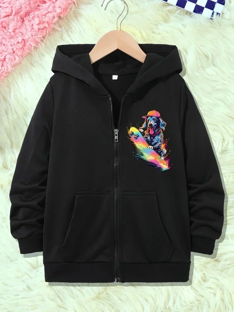 Kids Zip Up Hooded Jacket Cool Skateboarding Dog With Cap Rainbow Splash Chest Print Long Sleeve Pocket Casual Outer Coat