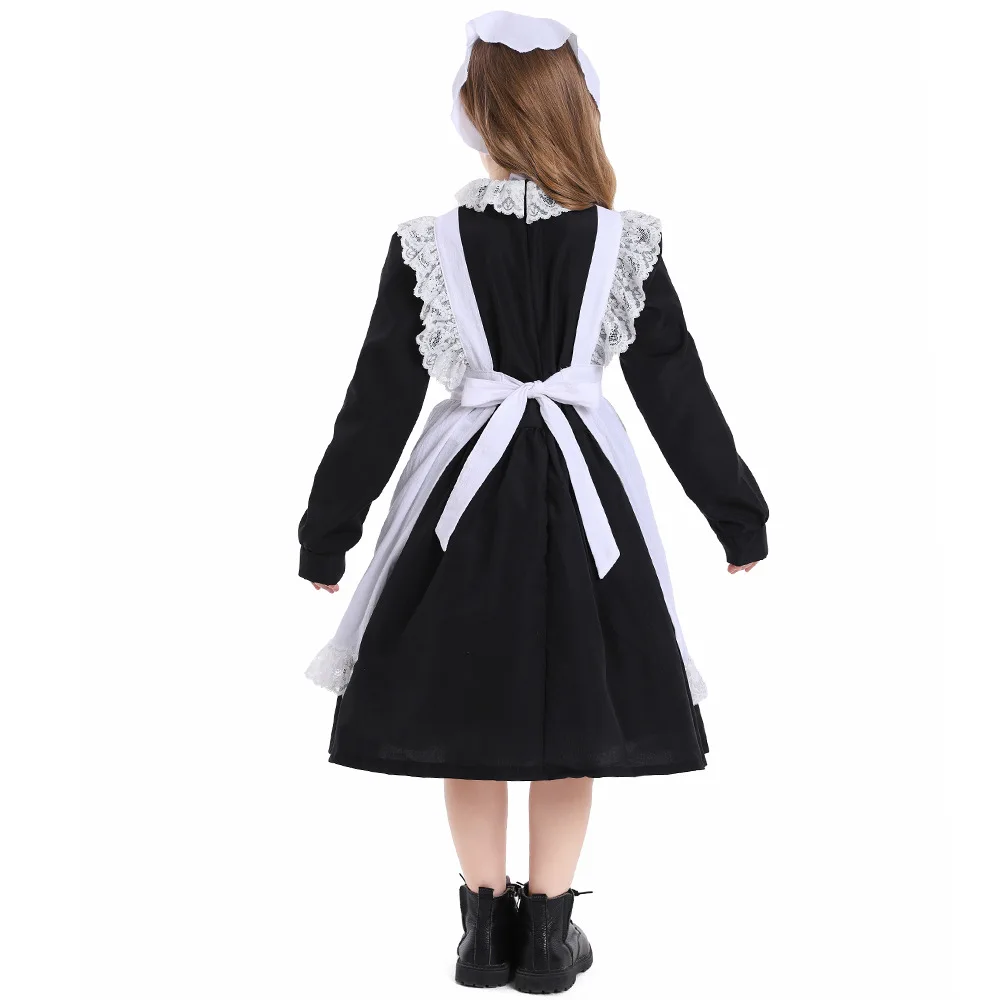 Costume Lolita en dentelle noire et blanche pour enfants, fête d'Halloween pour filles, performance sur scène, femme de chambre de ferme, vêtements trempés, d'échantillons ans