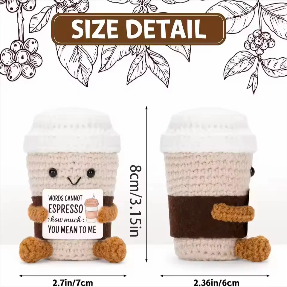 Handmade Cute Coffee Cup Doll with Emotional Support Card, Positive Coffee Cup Toy, Christmas Holiday Gift, Festive Decoration