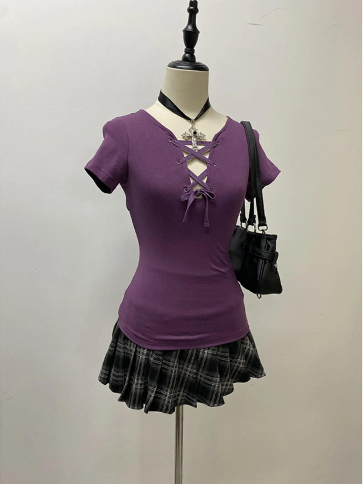 

Purple V-ne T-irt Women's Original Design Summer Slim Fit ort Sve Tie oulder Top Byao Girl Commute Sle Cotton Blend