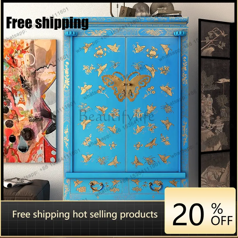 Factory Direct new Chinese painted gold-painted wardrobe antique hand-painted old bedroom storage casement retro solid wood clo