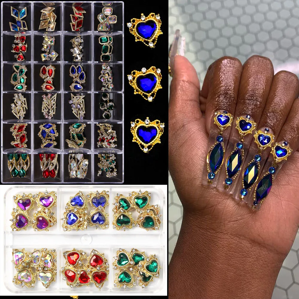 

1Box 3D Nail Art Rhinestone Gems Decorations,Gold Metal Alloy Hearts Nail Charms For DIY Nail Diamond Luxury Nail Supply Jewelry