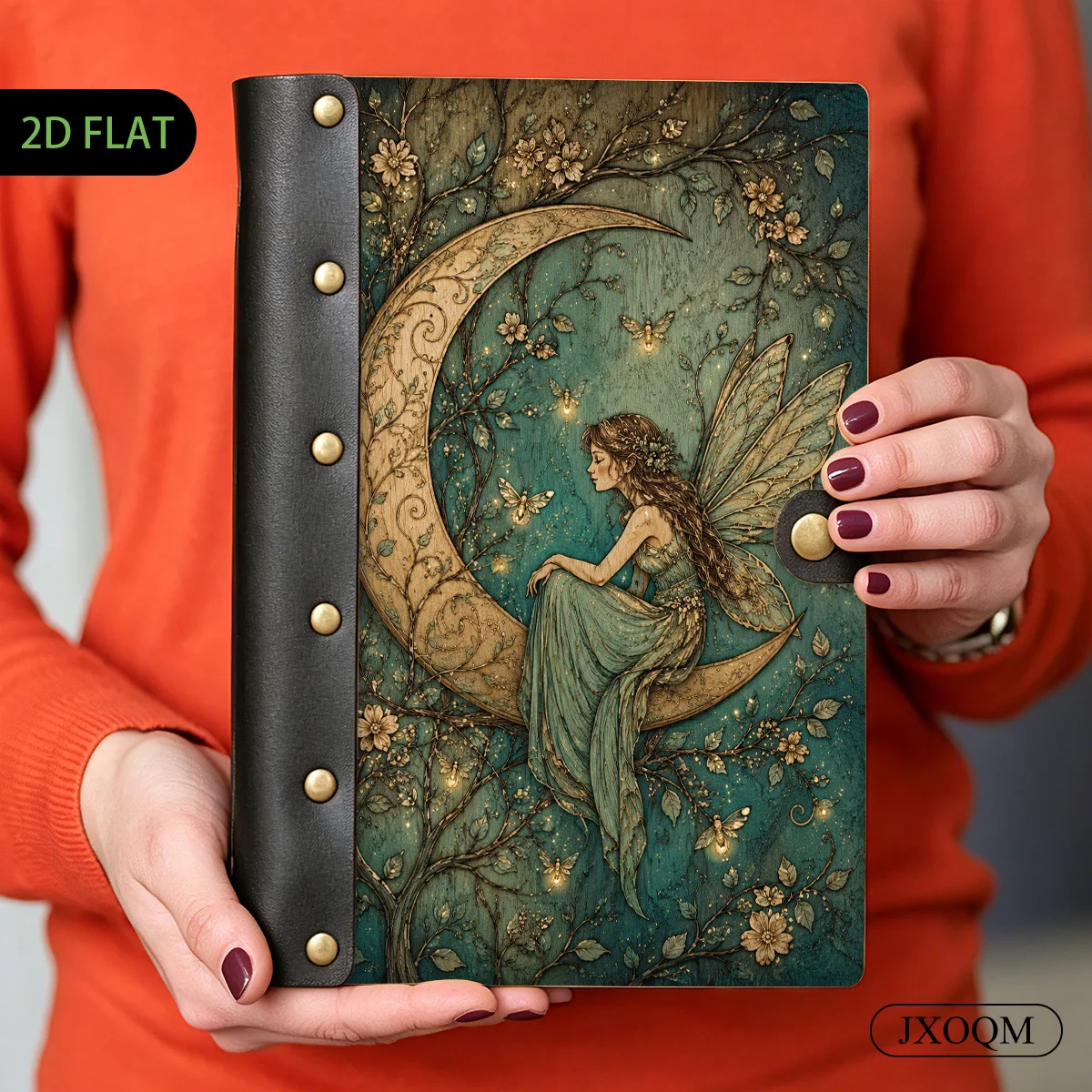 1PC Moon Fairy Elf Wooden Hardcover Loose Leaf Notebook, 2D Flat Vintage Style, 6-Hole Metal Ring Binder, Black Leather Spine