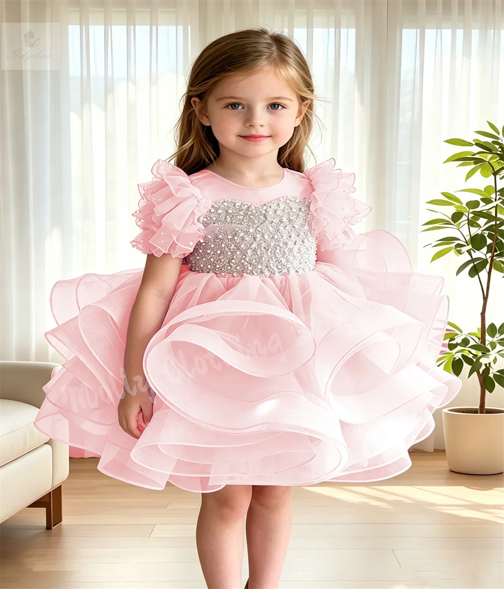 Flower Girl Wedding Birthday Host Gown Pearl Ruffles Princess Tutu Piano Performance Outfit Pageant Evening Dress