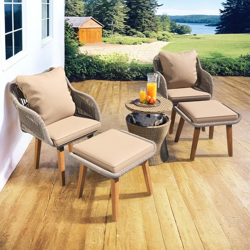 

5 Piece Qutdoor Patio Furniture Set, All-Weather Conversation Sets for Backyard with Handwoven Armchairs, Ottomans, Wood Cool Ba