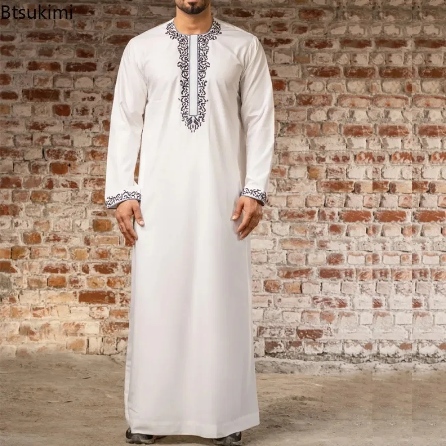 2025 moda muçulmana abayas para homens cor sólida bordado longo robe masculino jubba thobe árabe saudita musulman camisas roupas islâmicas