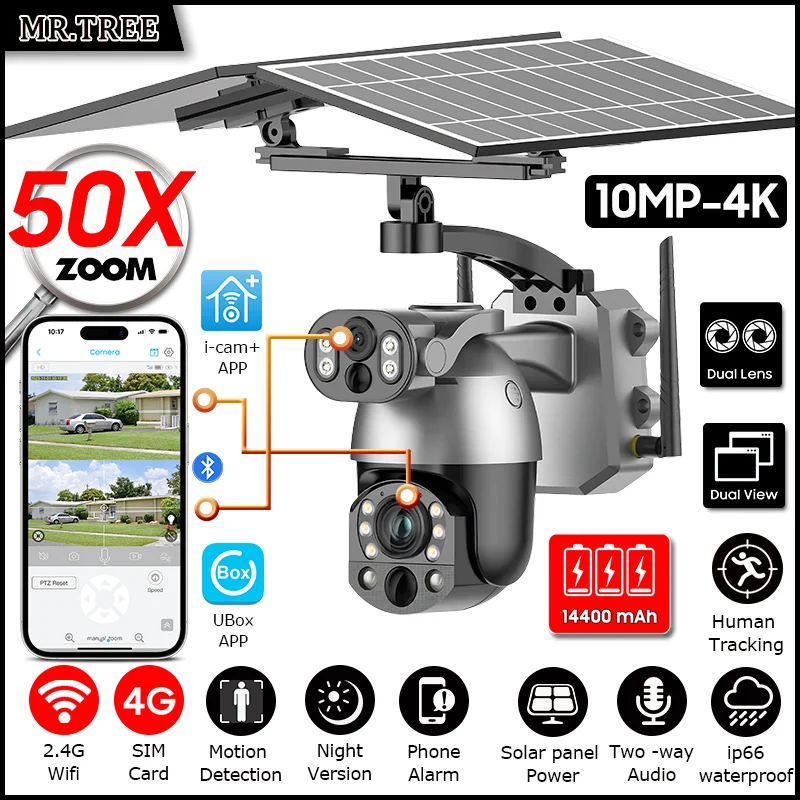 10MP 4K 50X Optical Zoom Home Solar Camera 4G SIM CCTV Outdoor Surveillance WiFi  Security PTZ Auto Tracking Night Vision IP Cam