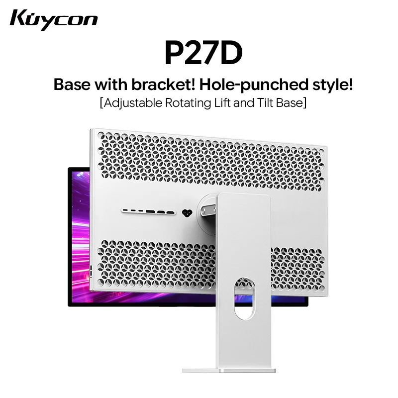 【27 Inch 4K Gaming Monitor】Kuycon P27D Glossy 144Hz PC Display 99%sRGB 96%DCI-P3 100W Reverse Charging Computer Monitor HDR Height Angle Adjustable Desktop Screen For Designer Laptop (Honeycomb With Stand)