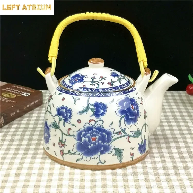 Household Porcelain Teapot Ceramic Large Capacity Cool Water Pot Large Blue and White Porcelain Retro Loop Handle Beam Pot