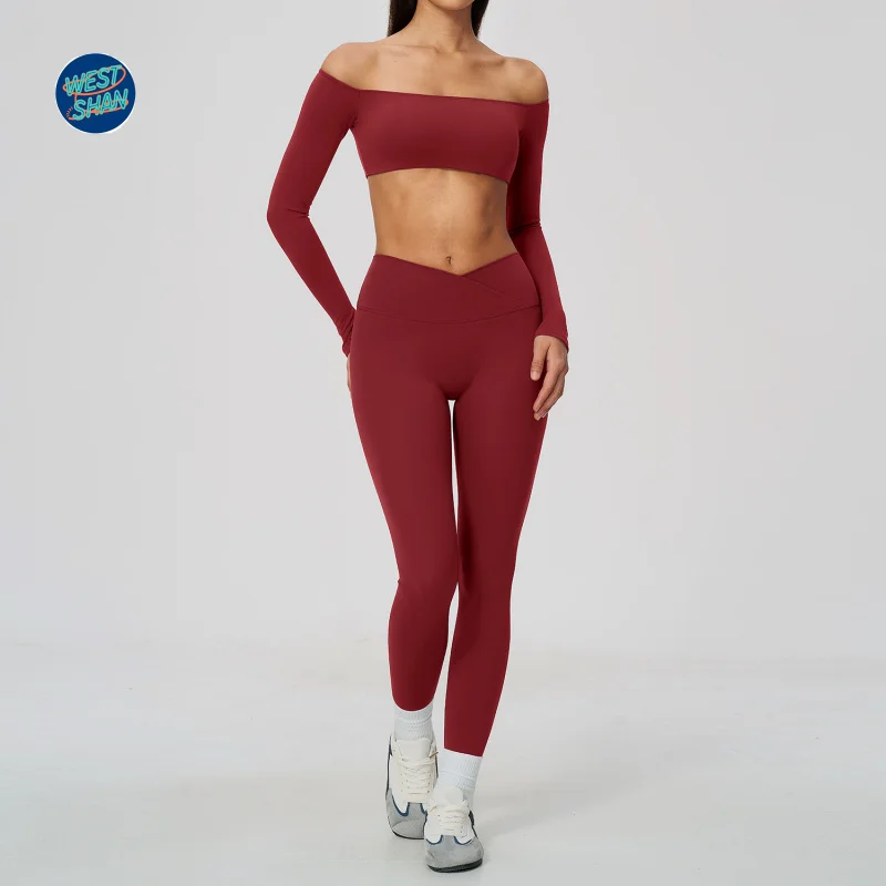 WESTSHAN EU US Size Yoga One-Shoulder Long-Sleeve Tshirt Top Tight-Fitting Pants Set Gym Fitness Workout Running Sportswear Set