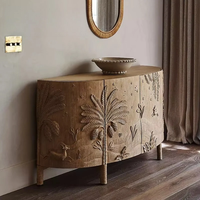 Rustic style semi-circular foyer cabinet French solid wood retro carving living room decoration hotel use