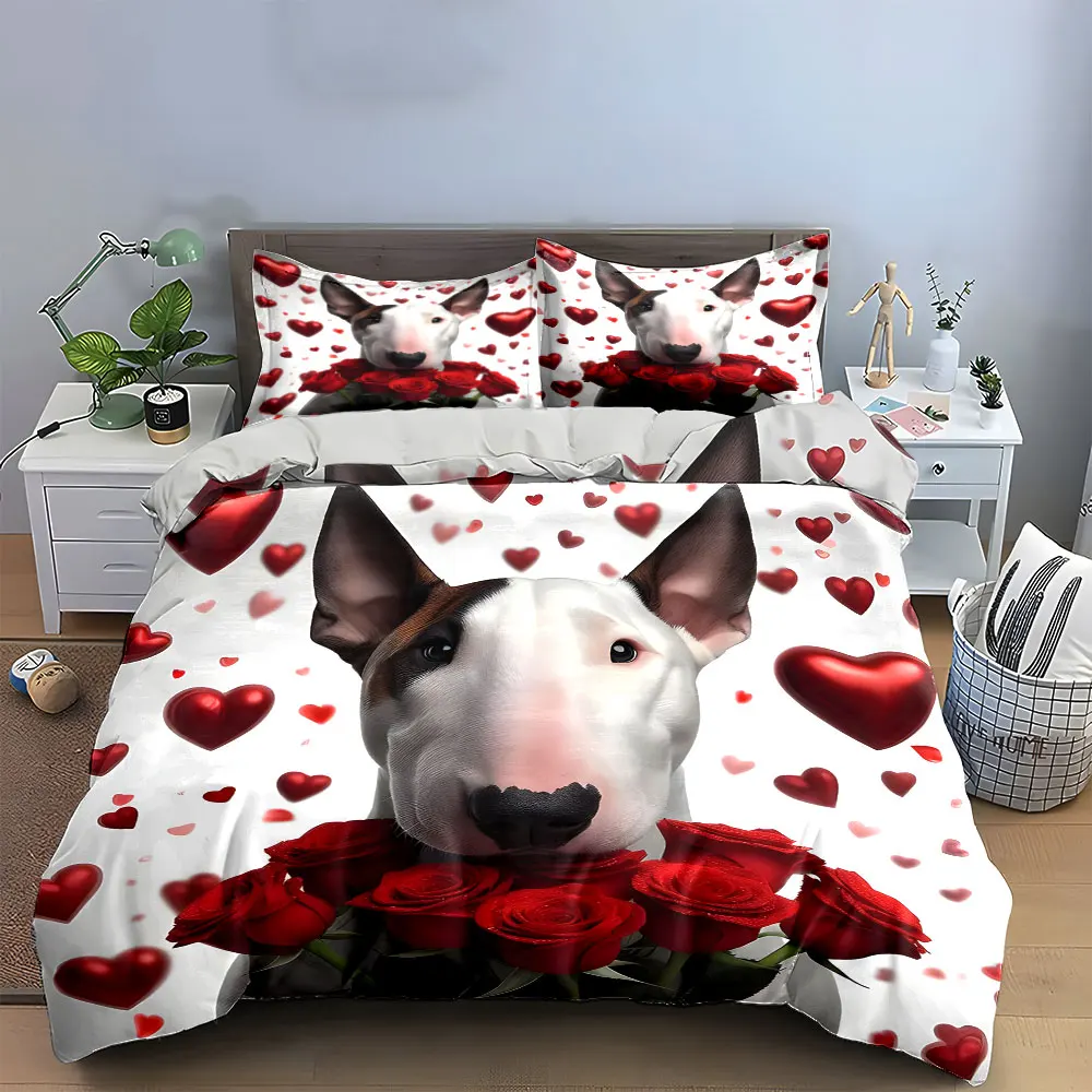 Romantic Dog Decor Set Bedding Set with 1 Duvet Cover 2 Pillowcases Single Double King Queen, Gift