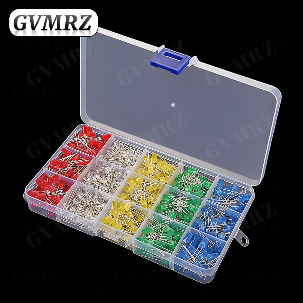 5 Colors  5mm LED Through - Hole Diode Kit (Red/Yellow/Blue/Green/White), 100pcs Each, Total 500pcs in Box