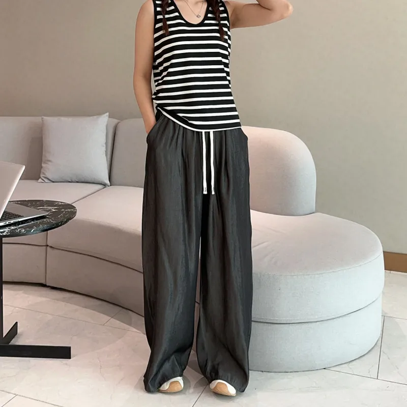 Slimming High Waist Wide Leg Pants Thin Loose Straight Casual Trousers for Women Summer Outdoor Wear Cotton Polyester Blend