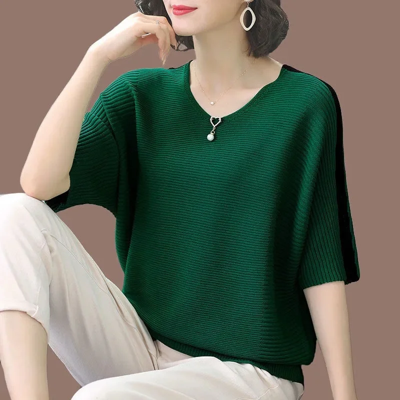 

Women Sweater Short Sleeve V-neck Stripe Knitwears Slim Fit Shirt Korean Fashion Pullovers Thin Knit Tops 2024 Bottoming Shirts