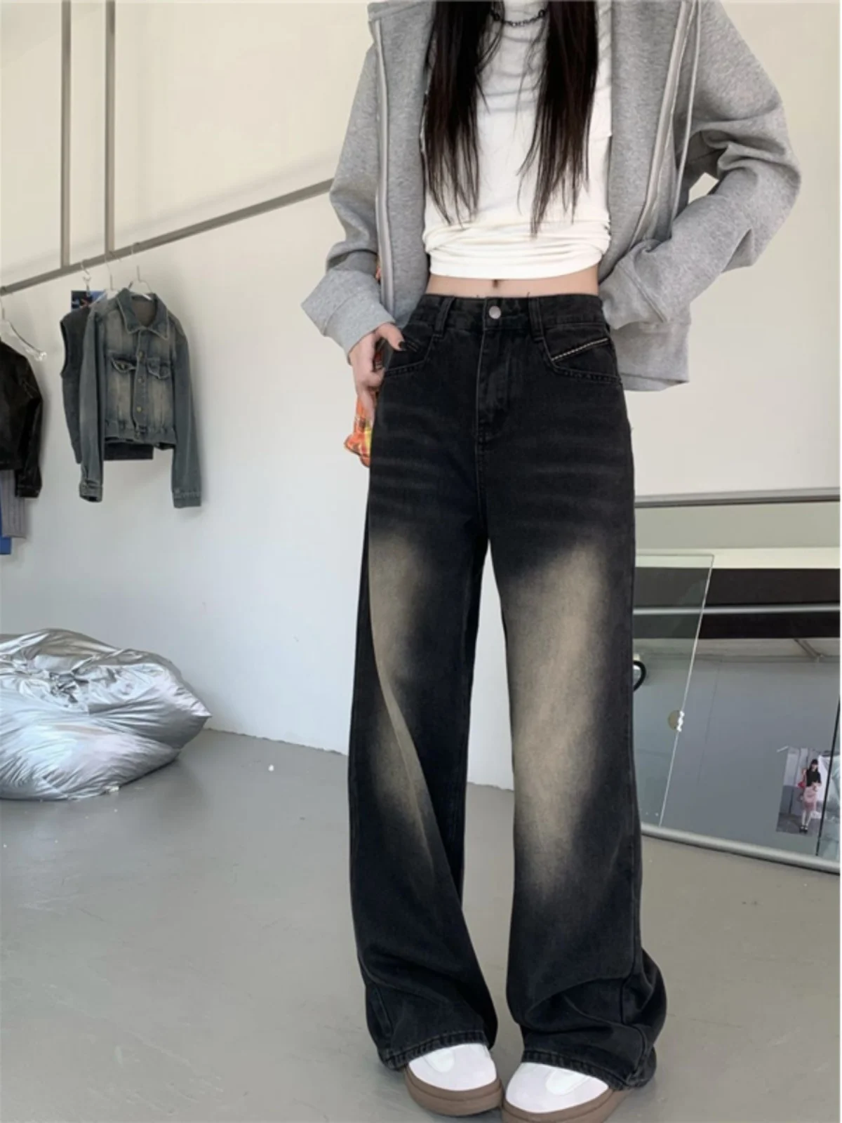 

High Waist Loose Fit Straight Leg Denim Pants Women's Autumn Long Trousers Vintage Design Bla Color Versatile Seasonal Wear