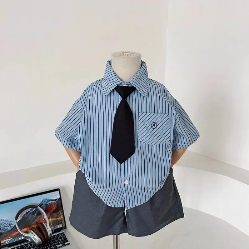 Preppy Style Striped Tie Detail Japanese Style Toddler Boy Short Sleeve Shirt 2026 Summer Streetwear Cardigan Open Front Shirt