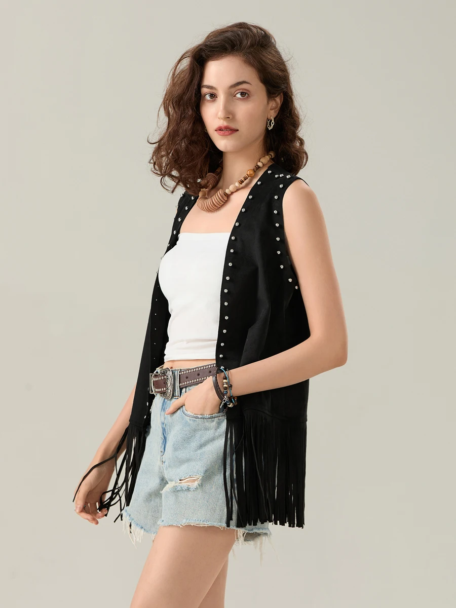 Women s Fringe Sleeveless Vest Studded Open Front Long Jacket Boho Streetwear Festival Fashion Trend