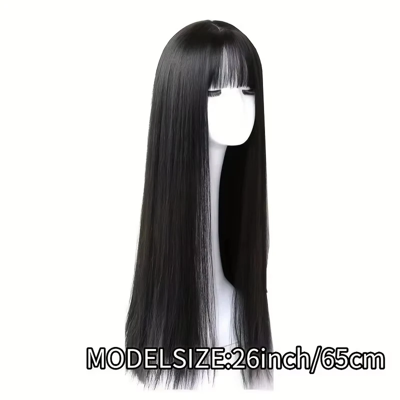 Black long straight synthetic wig with fringe - Halloween cosplay costume wig for daily party - Hot wire wig headband
