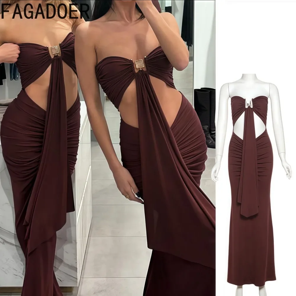 

FAGADOER Sexy Hollow Out Dress Women Brown Backless Ruched Patchwork Dresses Elegant Lady Streetwear Vestidos 2025 Spring New