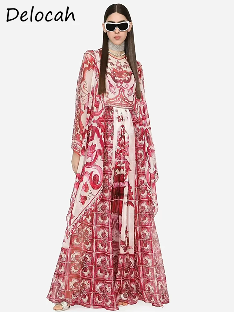 

Delocah High Quality Summer Women Fashion Designer Maxi Dress Batwing Sleeve Red And White Porcelain Printing Loose Maxi Dresses