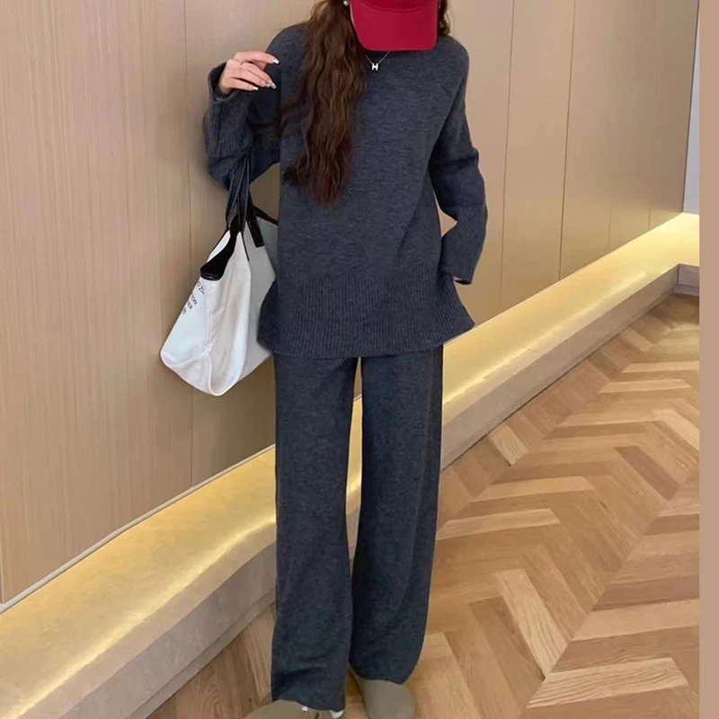 New Wool Cashmere Knitted Women\'s Two Pieces Set Casual Loose Turtleneck Long Sleeve Pullover Sweater + Wide Leg Pants Tracksuit