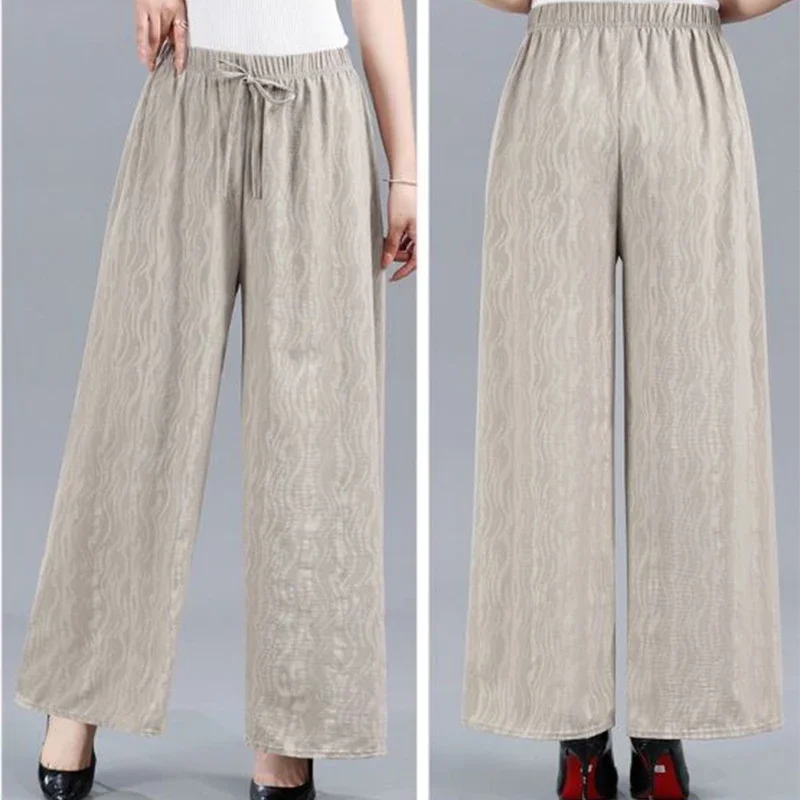 Summer Ice Silk Baggy Mom Straight Pantalones New Casual Thin High Elastic Waist Wide Leg Pants Women Jacquard Sweatpants 2024