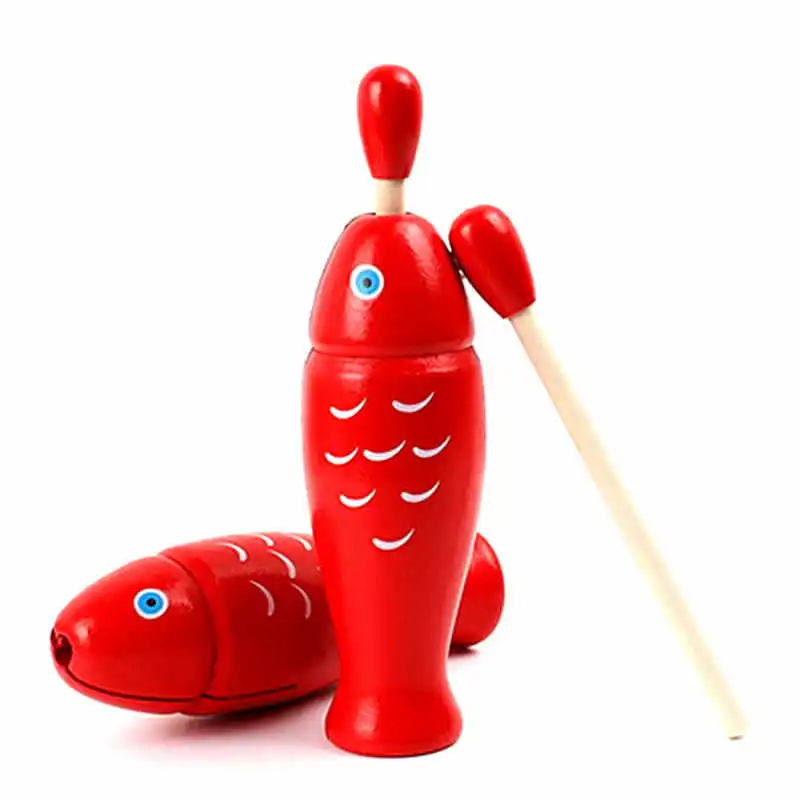 Drewniany instrument perkusyjny Orff sprzęt muzyczny pojedyncza rurka dźwiękowa dwukolorowa blokada drewna czerwona drewniana ryba zabawki muzyczne dla dzieci