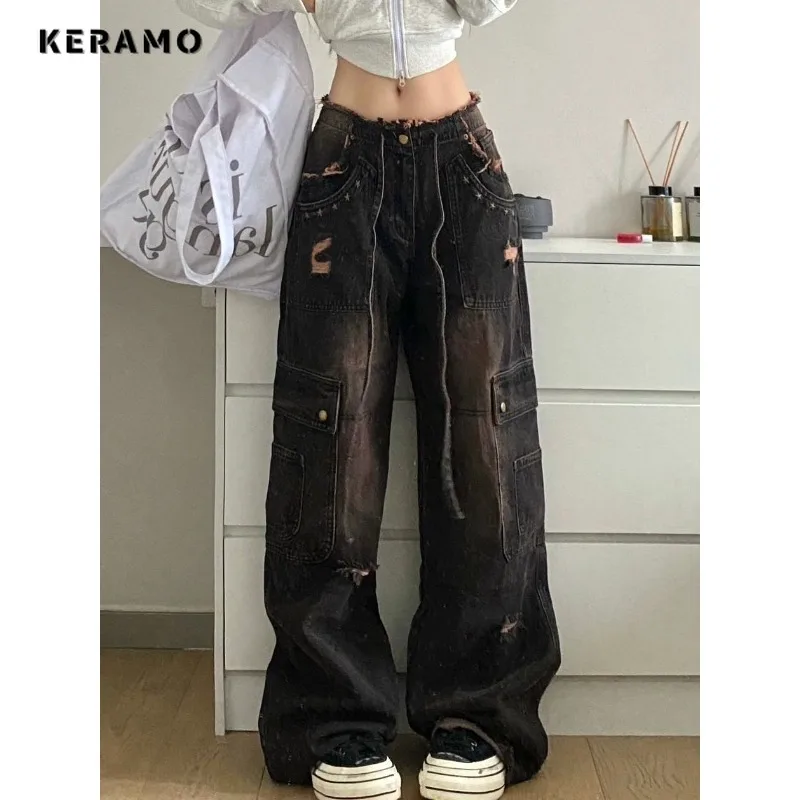 

Women's Casual Style Harajuku Ripped Jeans Vintage High Waist Loose Grunge Pants 2023 Winter Female Y2K Wide Leg Denim Trouser